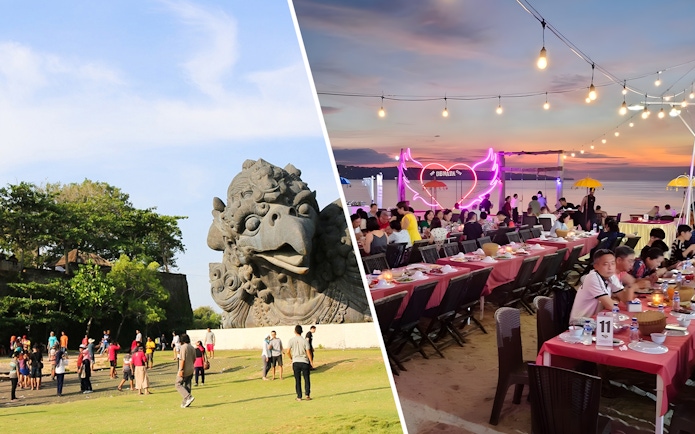 Visitors at Garuda Wisnu Kencana Park statue and dining at Jimbaran beachside restaurant in Bali.