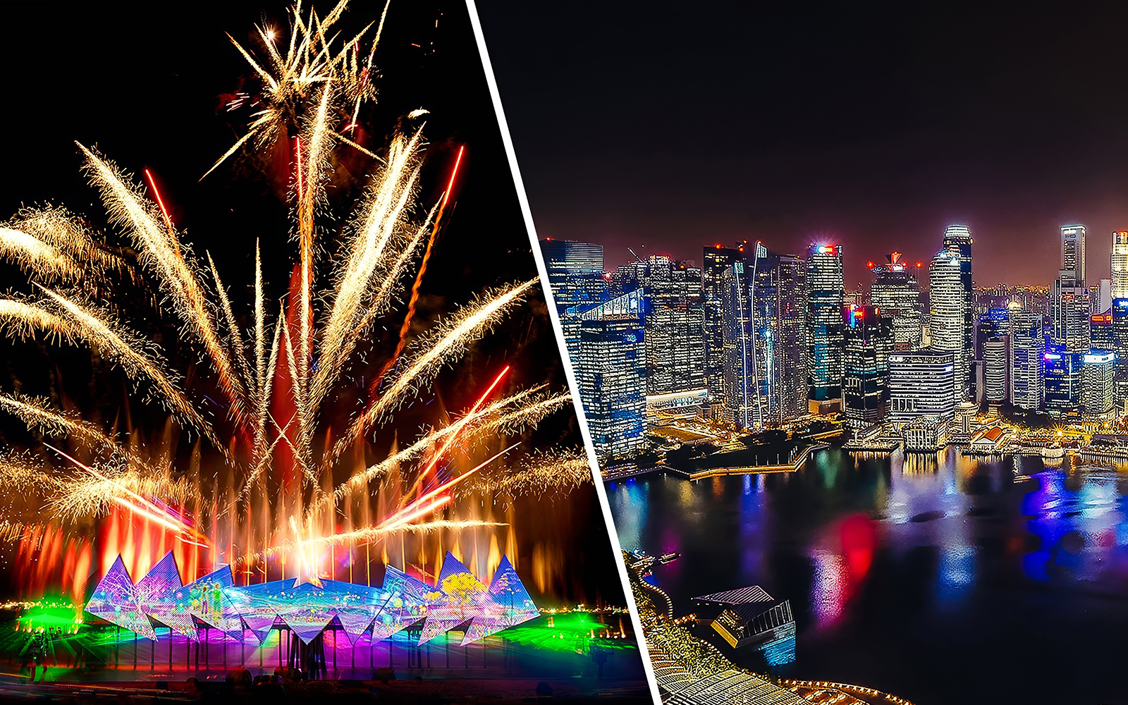 Fireworks at Wings of Time exhibition, Sentosa Island, with Singapore skyline at night.