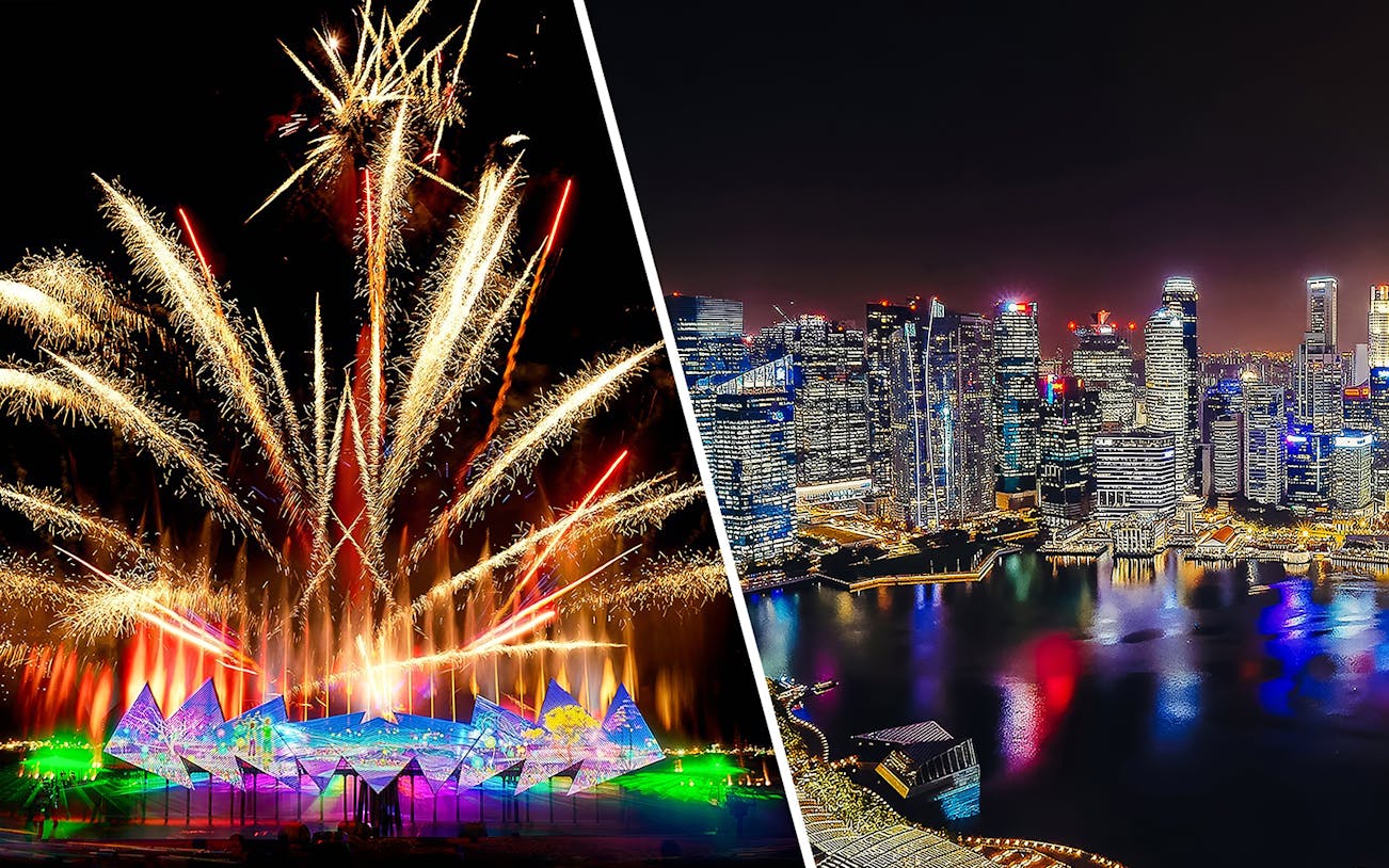 Fireworks at Wings of Time exhibition, Sentosa Island, with Singapore skyline at night.