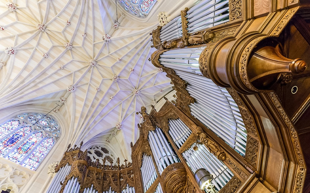 St. Patrick's Cathedral organ pipes and ornate ceiling detail, New York City.