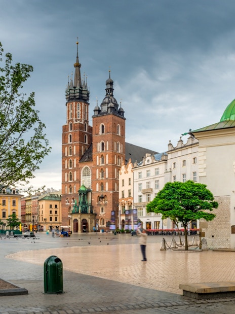 St. Mary's Basilica and Rynek Underground entrance in Krakow's Old Town.