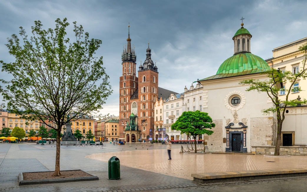 St. Mary's Basilica and surrounding buildings in Krakow's Old Town.
