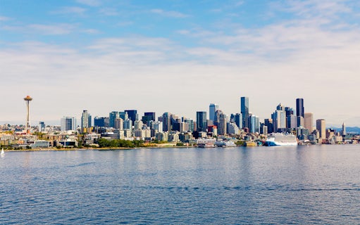 Seattle skyline with Space Needle viewed from a cruise on the water.