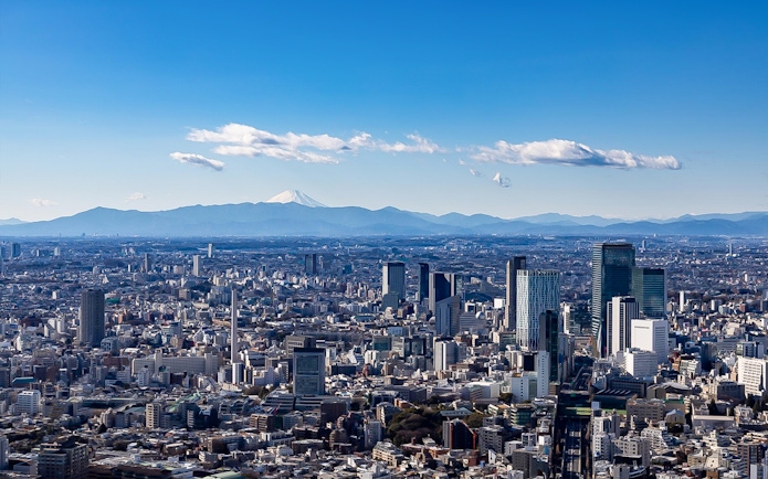 Tokyo skyline view from Roppongi Hills Observation Deck with Mount Fuji in the background.