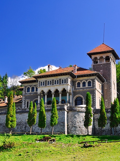 Cantacuzio Castle in Busteni, Romania, surrounded by lush greenery and tall trees.