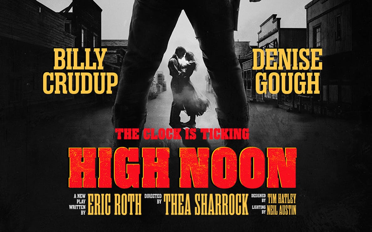 High Noon Westend poster with actors' names and a couple embracing in a Western town.