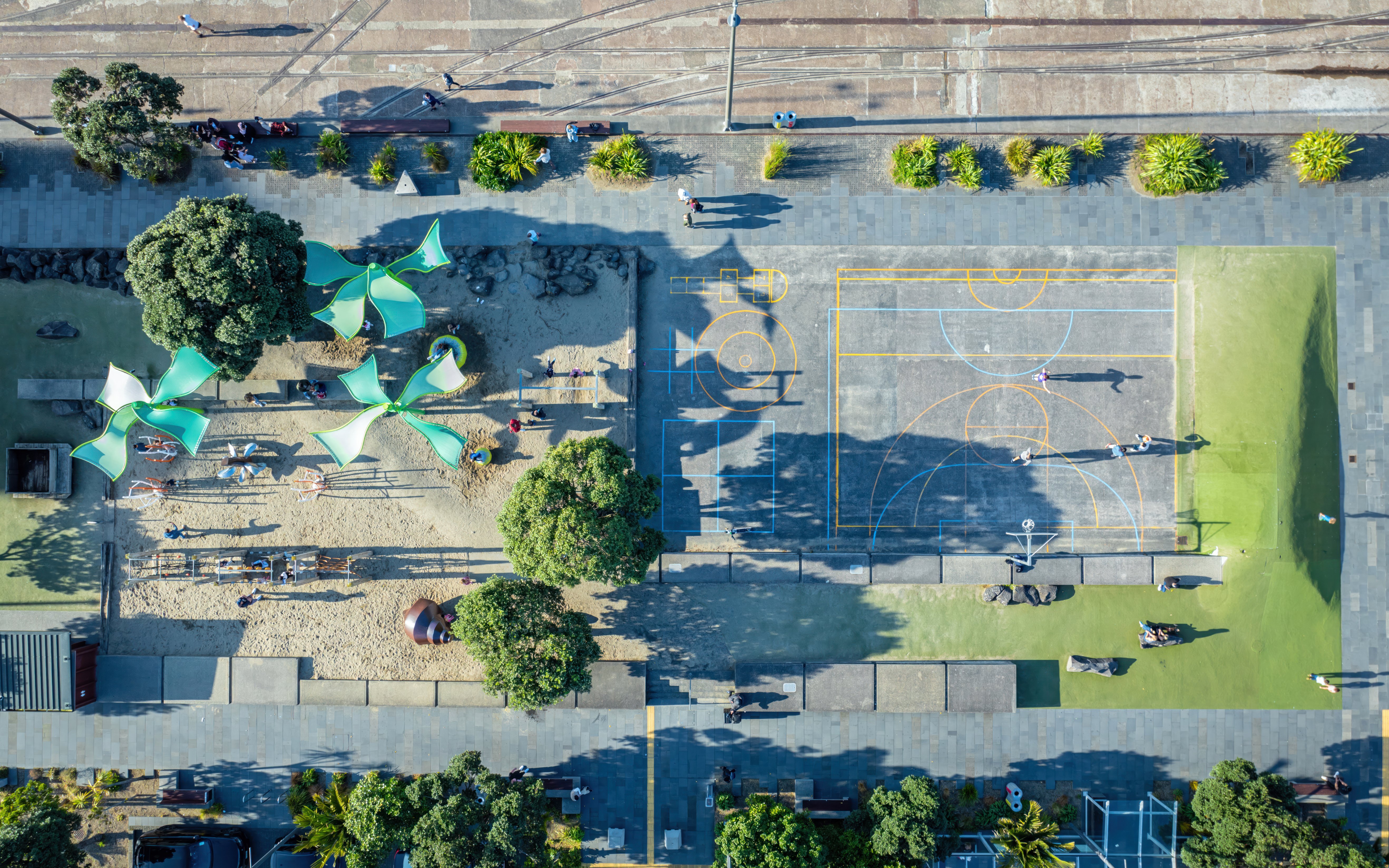 Aerial view of Silo Park playground and sports courts in Auckland, New Zealand.