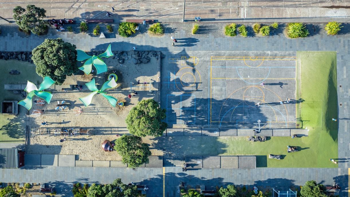Aerial view of Silo Park playground and sports courts in Auckland, New Zealand.