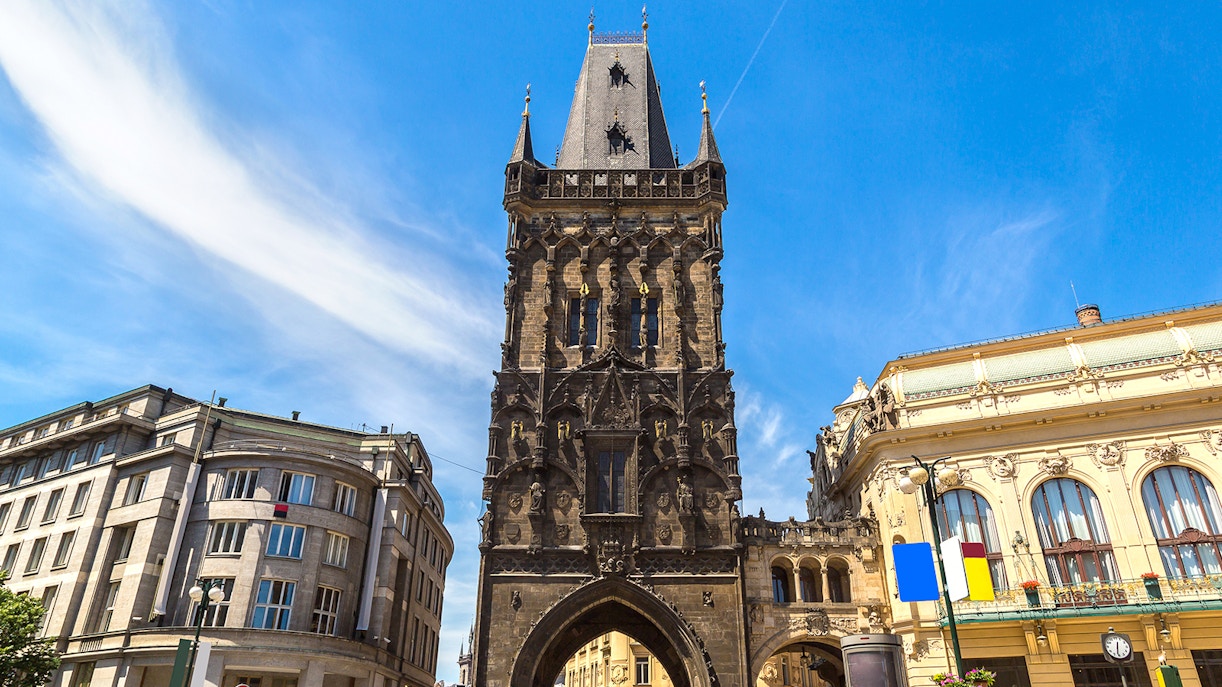 Powder Gate in Prague, historic Gothic tower with intricate architectural details.