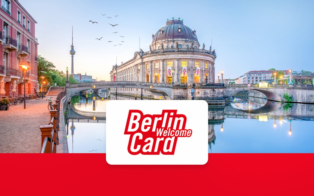 Berlin WelcomeCard with view of Bode Museum and TV Tower, offering unlimited public transport.