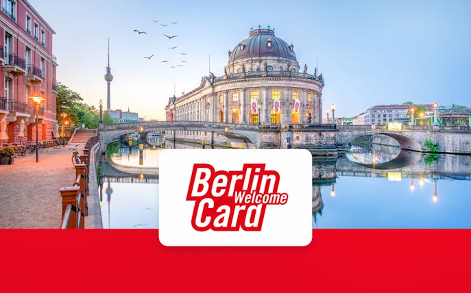 Berlin WelcomeCard with view of Bode Museum and TV Tower, offering unlimited public transport.