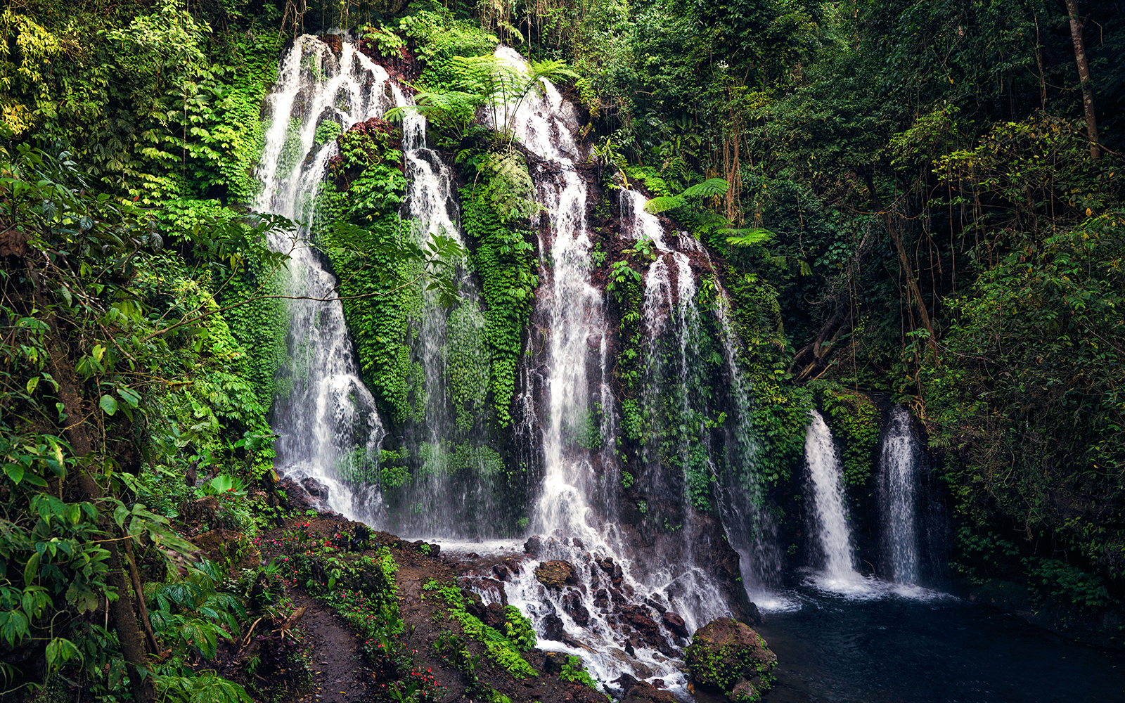 Banyumala Twin Waterfall cascading over lush greenery in Bali, Indonesia.