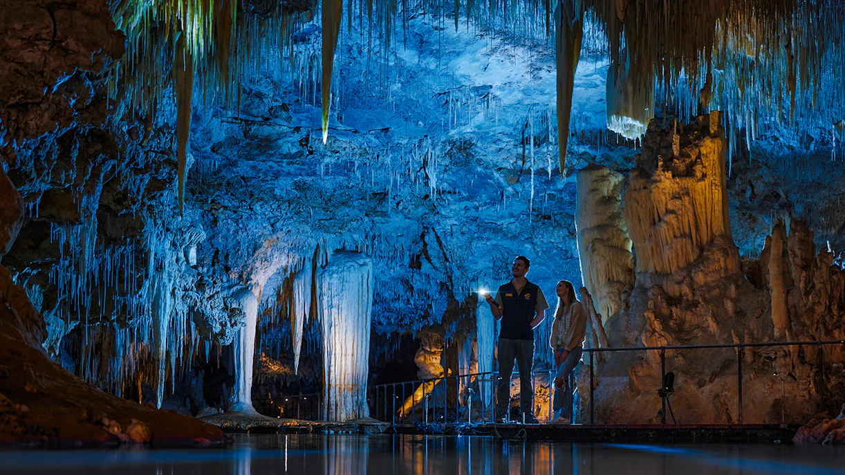 Guided tour in Lake Cave, Margaret River, with stalactites and stalagmites.