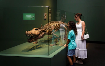 Visitors viewing a crocodile skeleton exhibit at Queensland Museum.