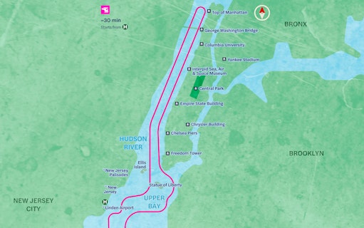 NYC helicopter night tour route map from Linden Airport over Manhattan landmarks.