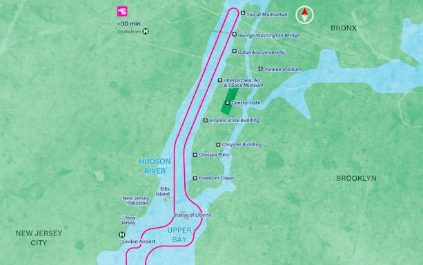 NYC helicopter night tour route map from Linden Airport over Manhattan landmarks.