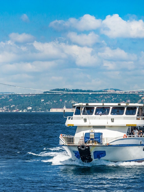 Cruise ship on Bosphorus Strait with bridge in Istanbul, Turkey.