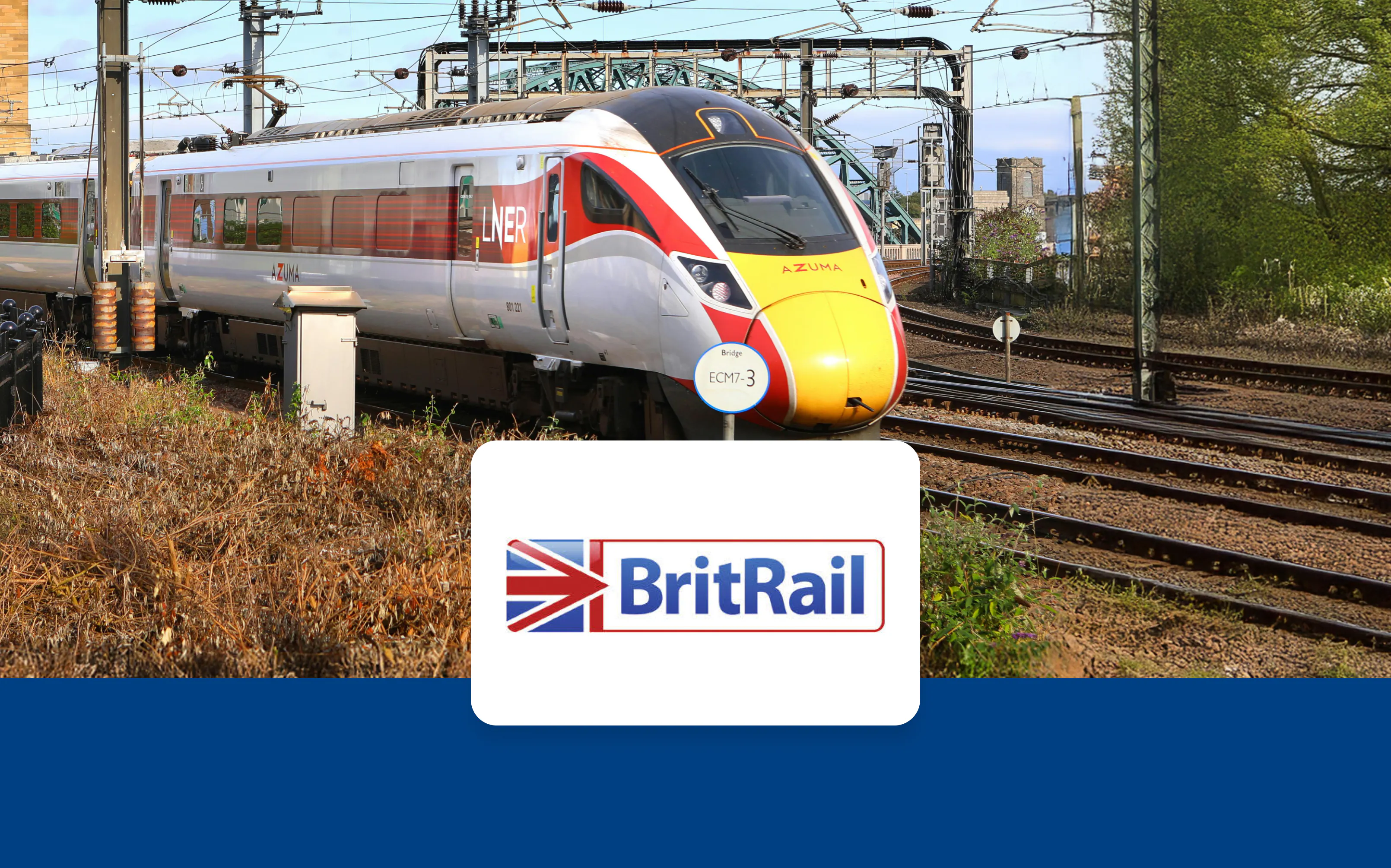 High-speed LNER train on tracks in Europe with BritRail logo.