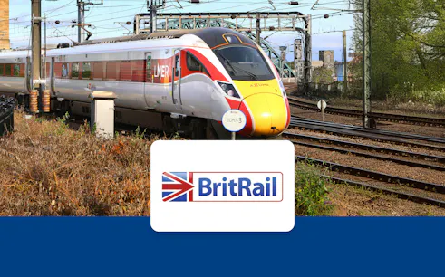 High-speed LNER train on tracks in Europe with BritRail logo.