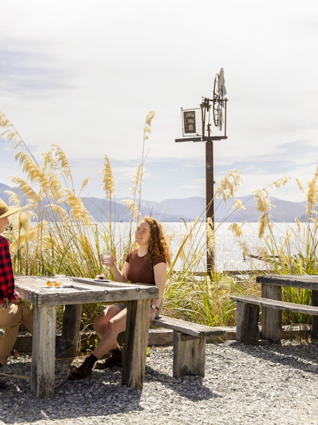 Tourists enjoying a meal at Walter Peak High Country Farm with lake and mountain views.