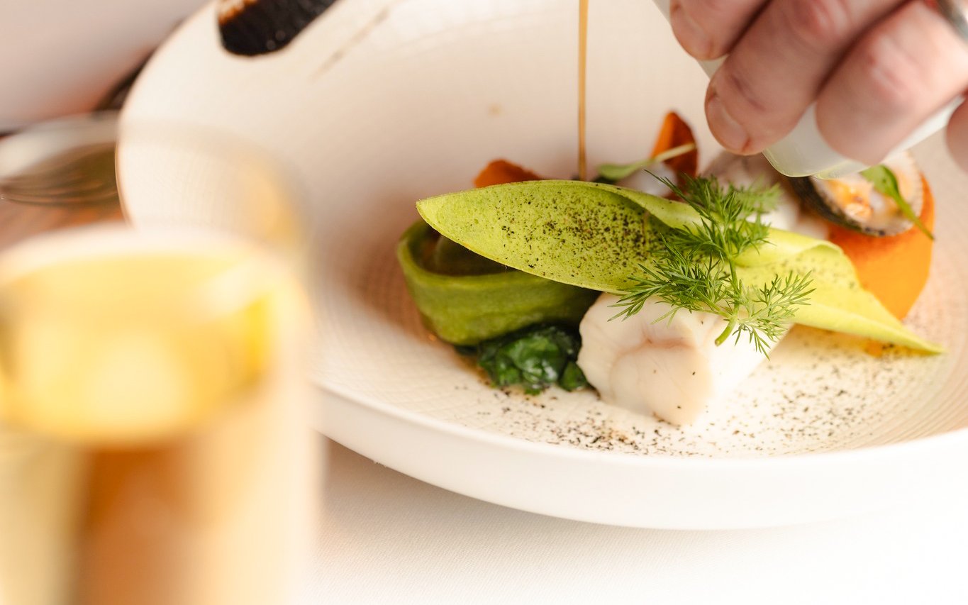 Gourmet dish served at Moulin Rouge Show in Paris.