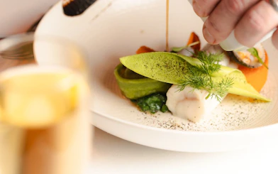 Gourmet dish served at Moulin Rouge Show in Paris.