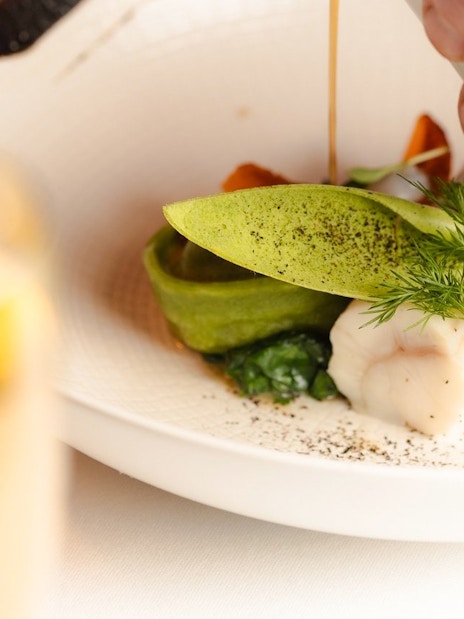 Gourmet dish served at Moulin Rouge Show in Paris.