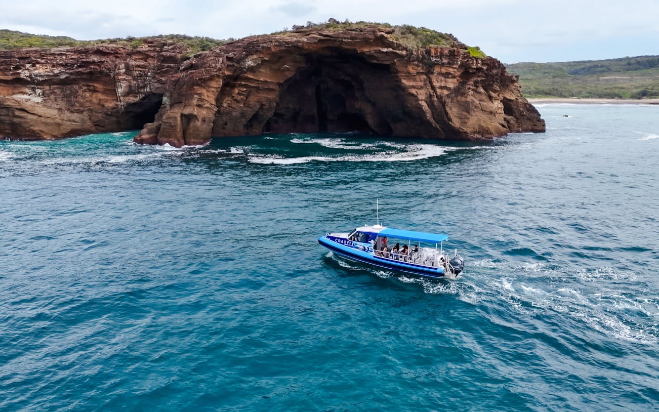 Boat touring near sea cave on Lake Macquarie coast.