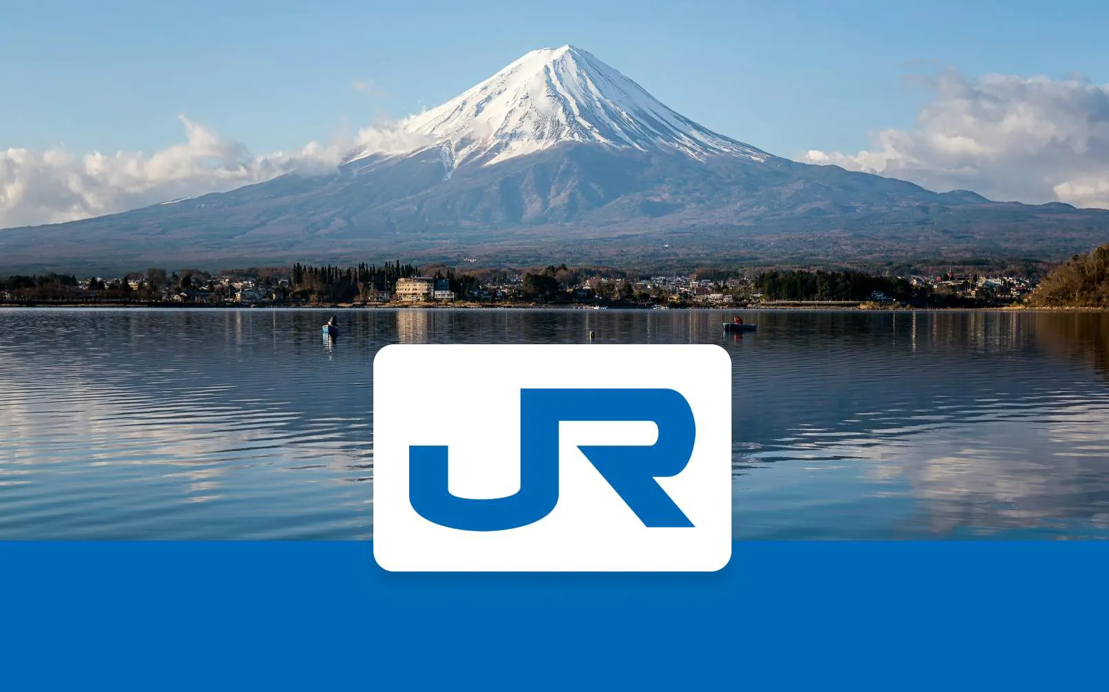Mt Fuji with tea fields and JR logo, view from lake, Japan travel.