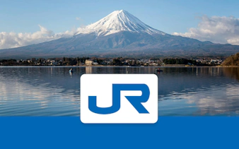 Mt Fuji with tea fields and JR logo, view from lake, Japan travel.
