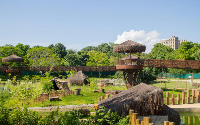 Elevated wooden walkway and thatched huts at BioParque Rio, Rio de Janeiro, Brazil.