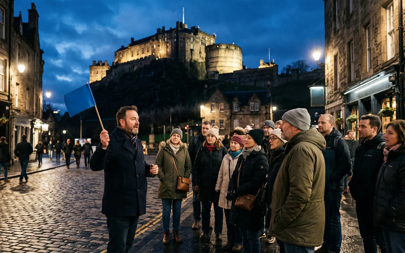 Tour guide leading a group on Edinburgh's historic streets with Edinburgh Castle in the background.