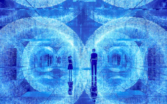 Visitors exploring immersive light installation at Mercer Labs Museum of Art.
