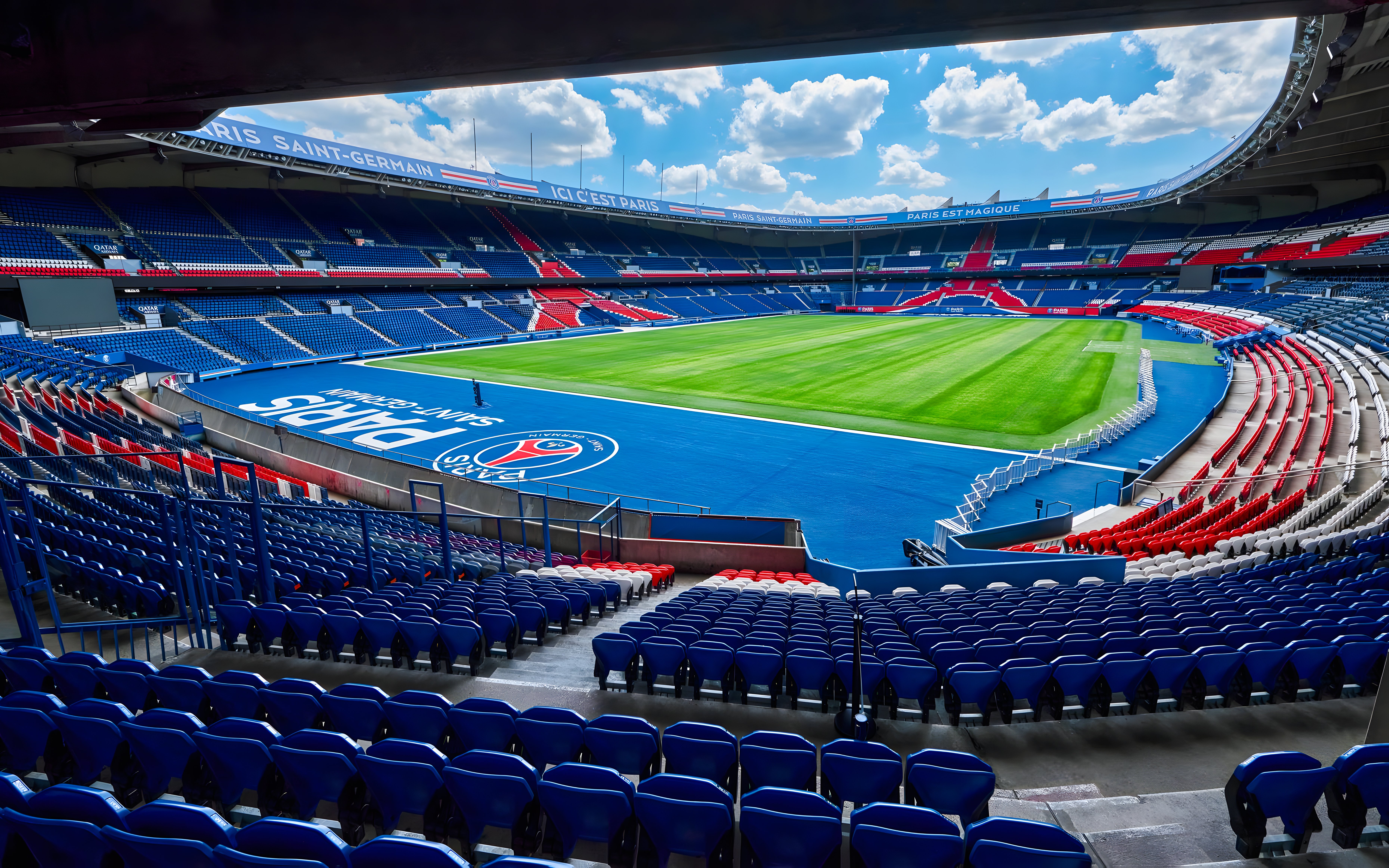 PSG Stadium in Paris, France, view of empty seats and field.