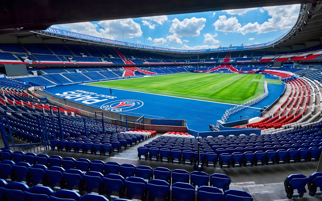 PSG Stadium in Paris, France, view of empty seats and field.