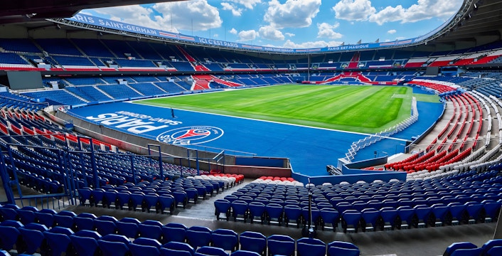 PSG Stadium in Paris, France, view of empty seats and field.