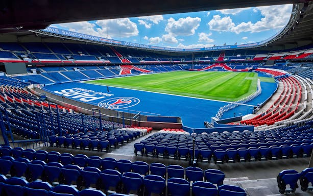 PSG Stadium in Paris, France, view of empty seats and field.