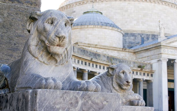 Stone lion statues at Piazza del Plebiscito, Naples, on Maradona tour from Rome.
