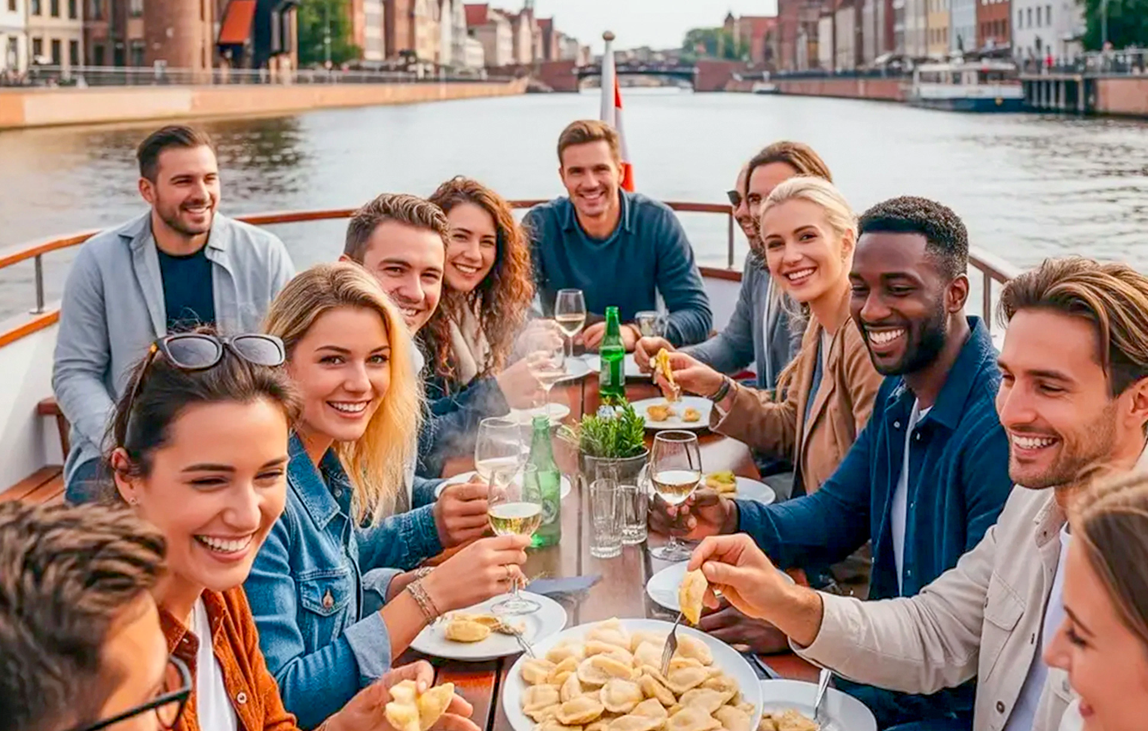 Guests enjoying pierogi tasting on a Motława River cruise in Gdansk.