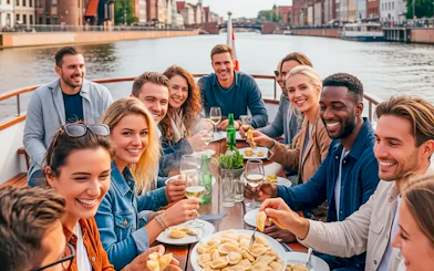 Guests enjoying pierogi tasting on a Motława River cruise in Gdansk.