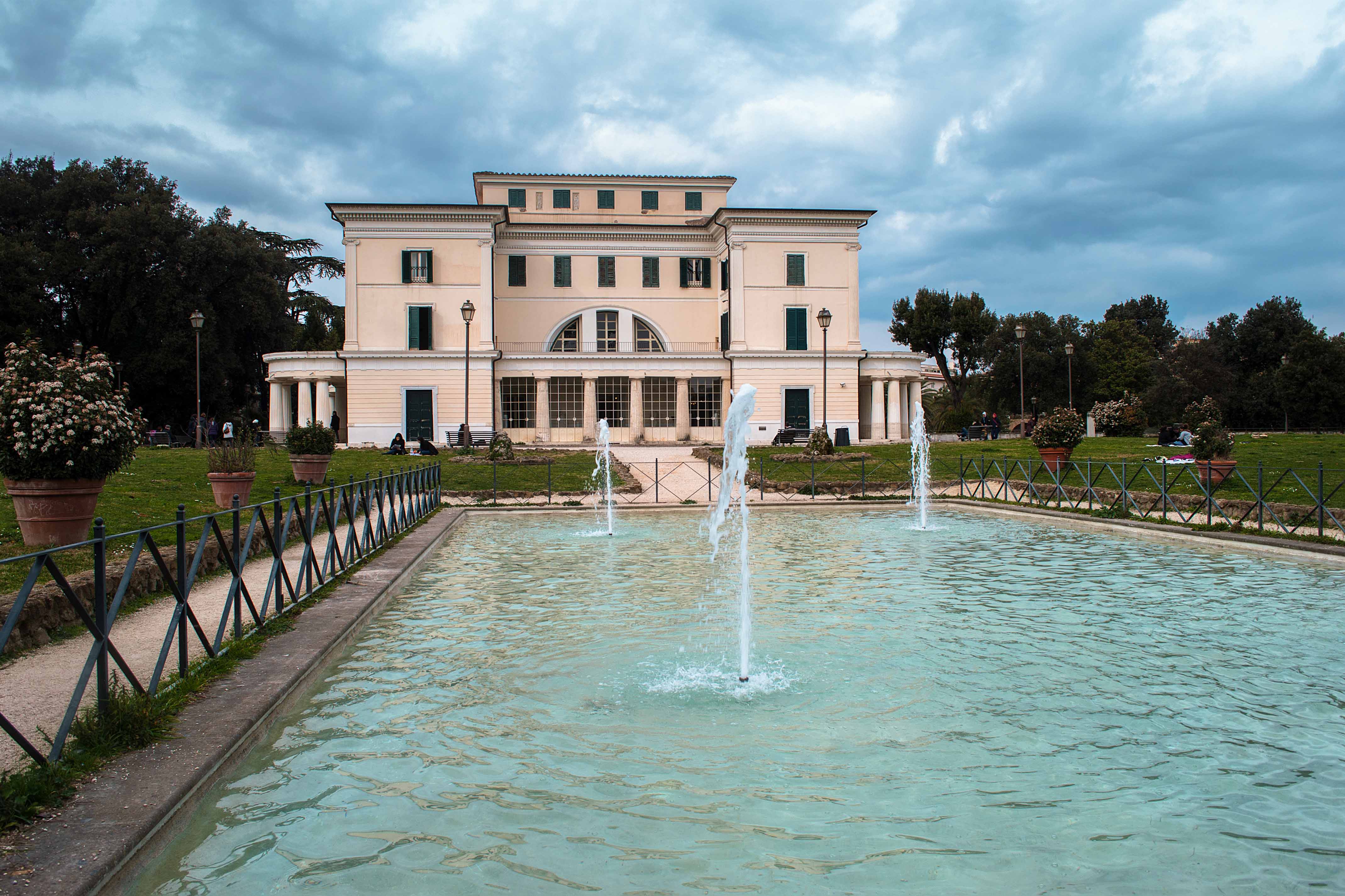 Villa Torlonia facade with fountains in Rome, Italy.