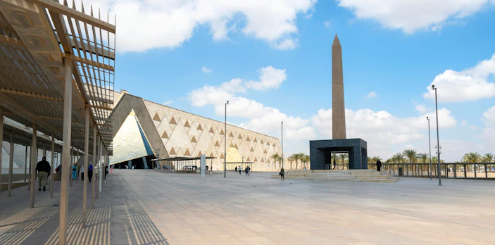 Grand Egyptian Museum entrance and Hanging Obelisk in Cairo, Egypt.