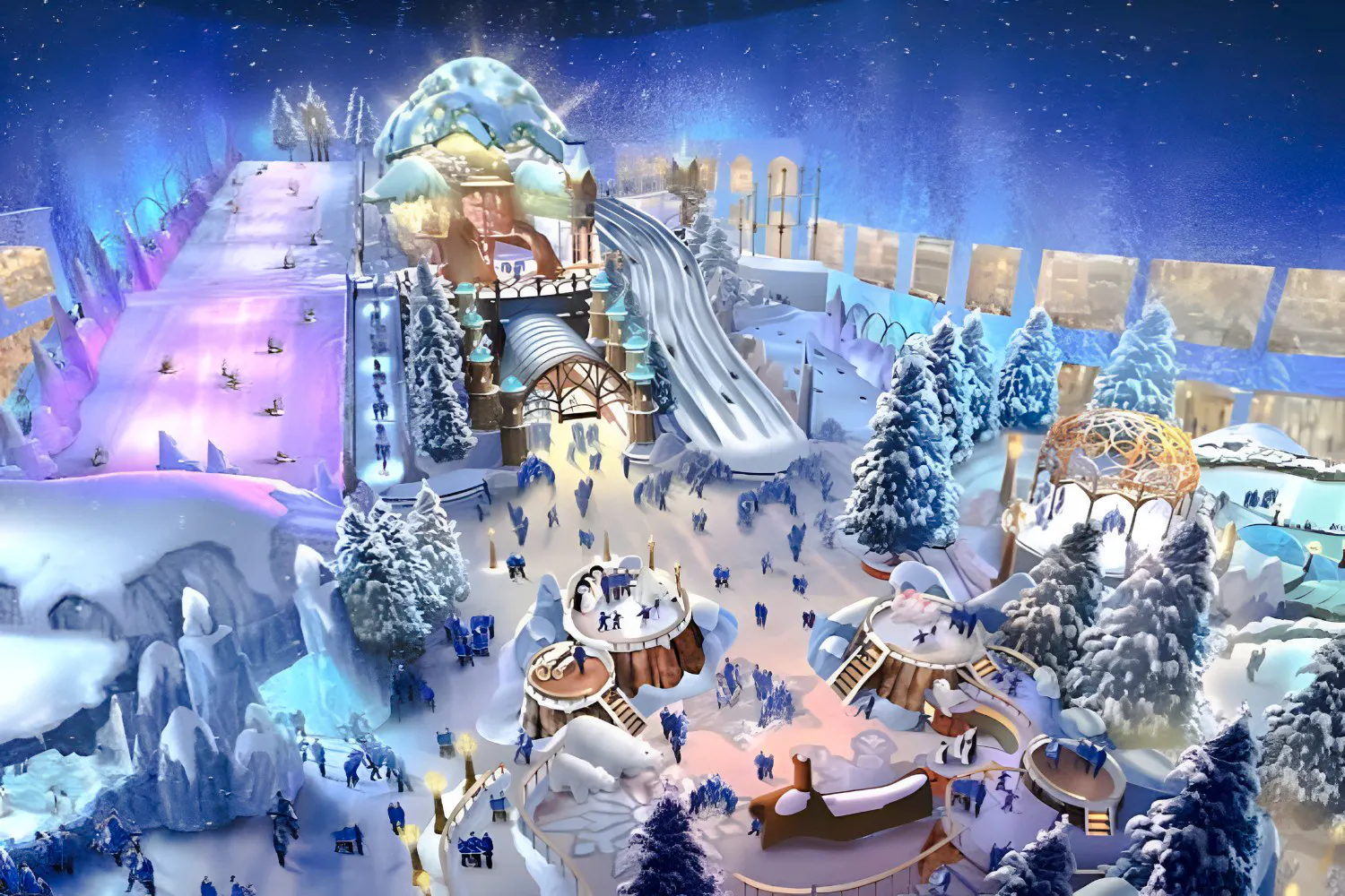 Indoor snow park with slides and snowy landscape, Snow Abu Dhabi experience, Abu Dhabi.