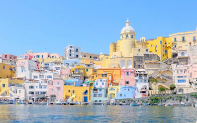 Colorful buildings along the waterfront of Procida Island, Italy.