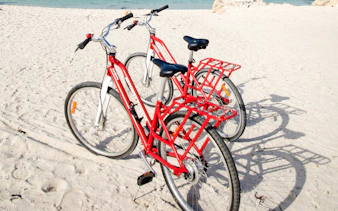Red bicycles on sandy beach with ocean in background, Rottnest Island, Western Australia.