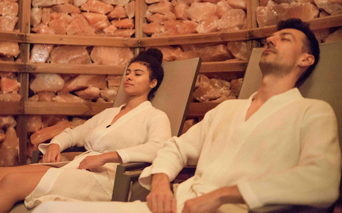 Visitors relaxing in salt room at Szechenyi Thermal Spa, Budapest.