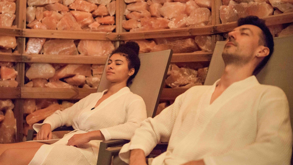 Visitors relaxing in salt room at Szechenyi Thermal Spa, Budapest.