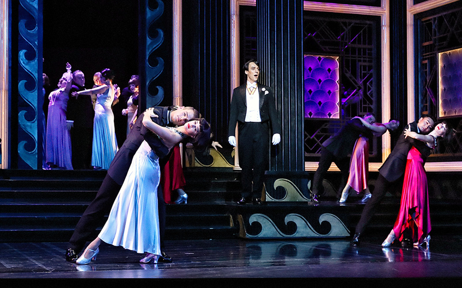 Theatrical performance of The Merry Widow in Sydney with dancers in elegant attire.