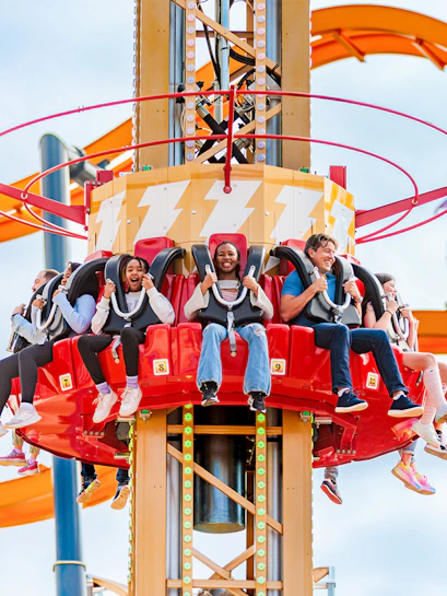 Riders enjoying Shazam Tower of Eternity at Six Flags Fiesta, Texas.