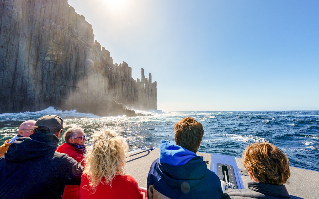 People on a boat viewing Cape Raoul cliffs during a cruise.
